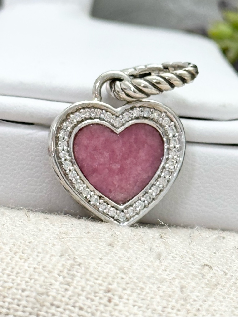 David Yurman .925 Pink Stone Diamond Heart Charm Pendant